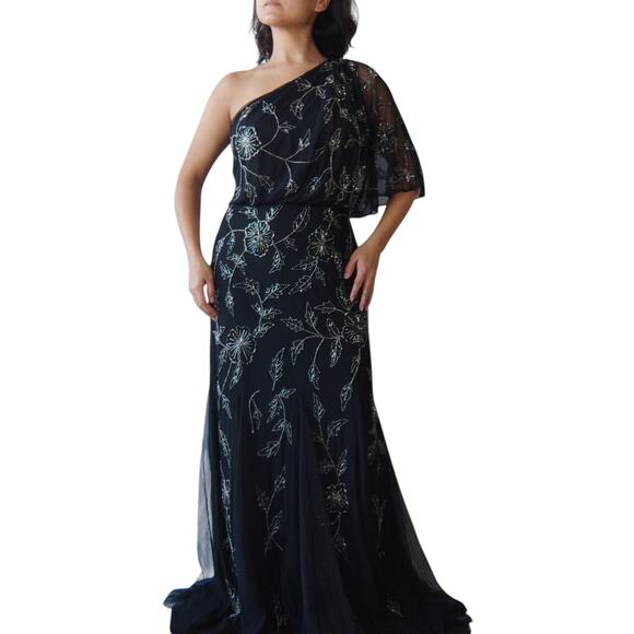Adrianna Papell One-Shoulder Black Beaded Floral Evening Gown Sz 6 - Picture 2 of 9